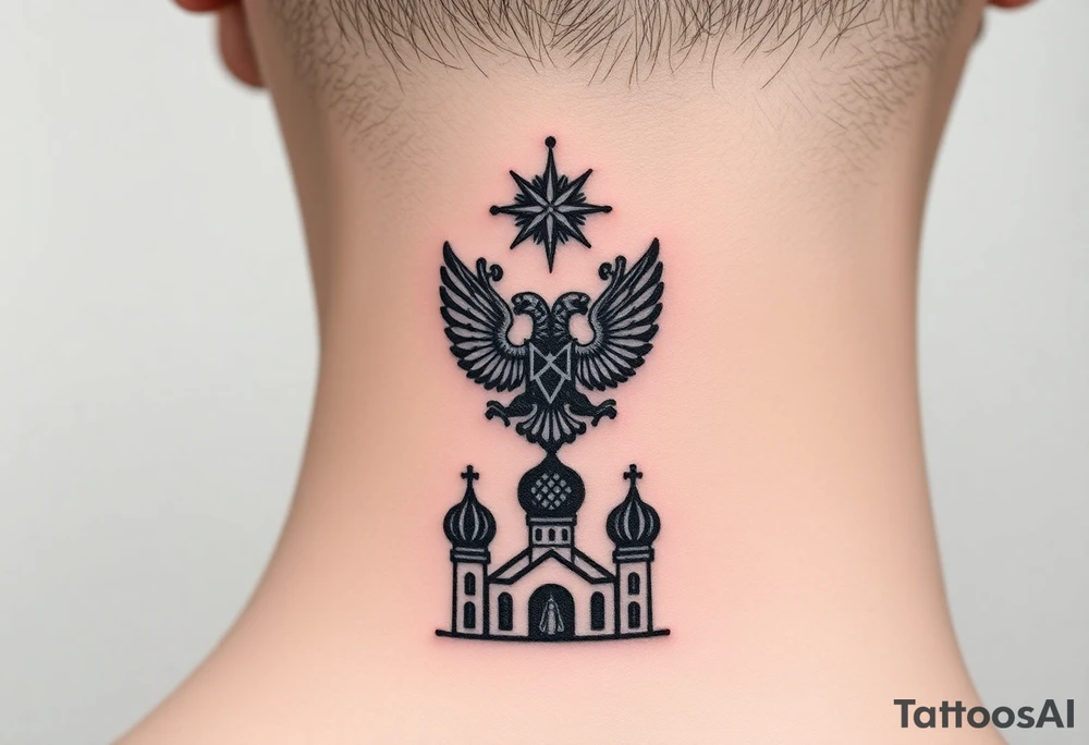 Stacked Vertical Column 

Russian star — small, bold
Middle: Miniature double-headed eagle — simplified, cleaner lines to suit the smaller space
Bottom: Orthodox church dome(s) with a small Virgin Mary silhouette beneath tattoo idea