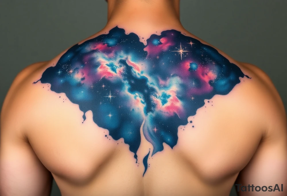 Beautiful and epic 3d milky way that appears to be what is beneath the skin. Make it drape over the shoulder and move to the middle back. use negative spaces to create stars and dust. Incorporate God breathing life into the universe. Keep it symmetrical tattoo idea