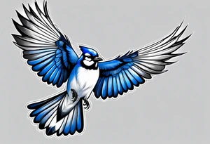 Strong blue jay bird in flight downwards tattoo idea