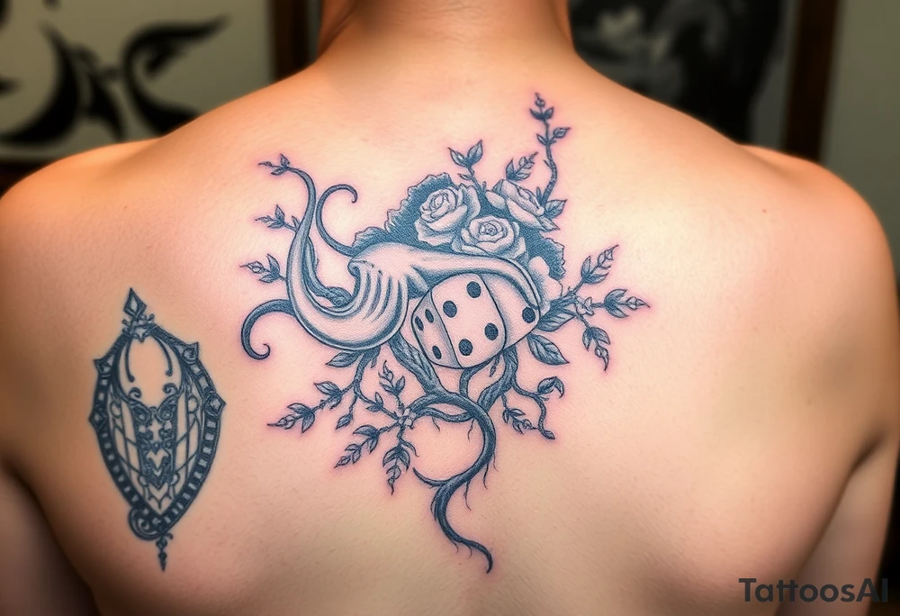 squid and knight combined with tree roots, cherry blossoms and roses rolling dice tattoo idea