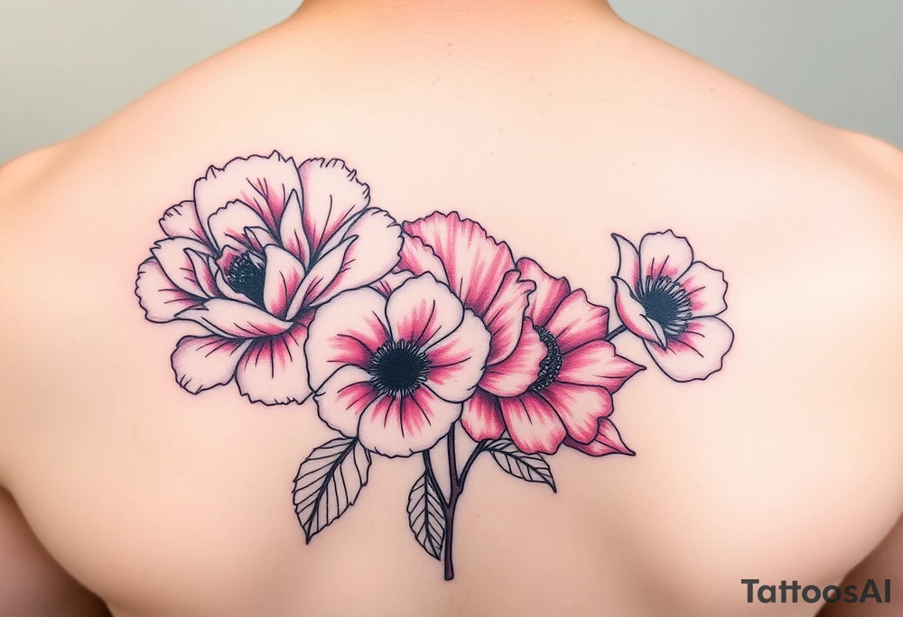 Pink peonie outline deep red rose outline red poppy outline and pink carnation outline tattoo idea