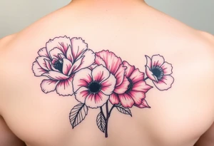 Pink peonie outline deep red rose outline red poppy outline and pink carnation outline tattoo idea