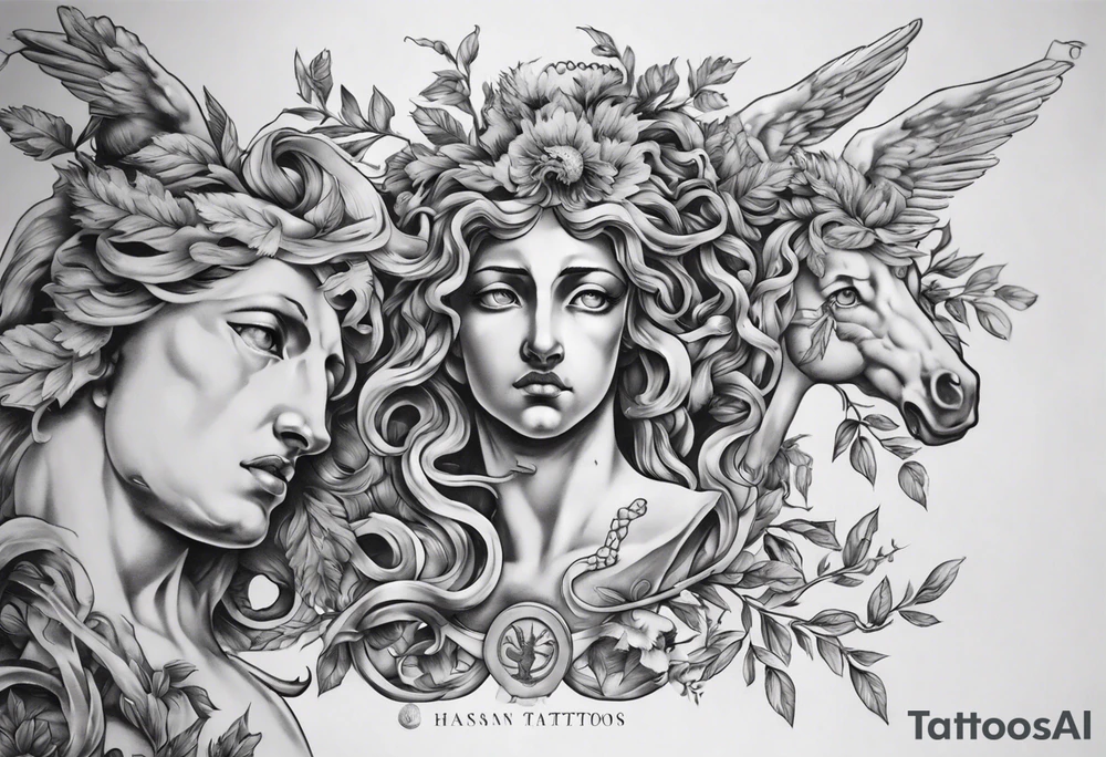 Greek mythology sleeve with Medusa, Zeus, olive branches and a Pegasus tattoo idea