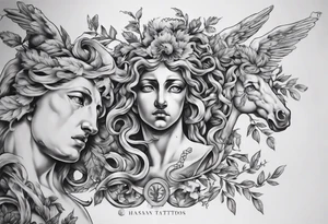 Greek mythology sleeve with Medusa, Zeus, olive branches and a Pegasus tattoo idea
