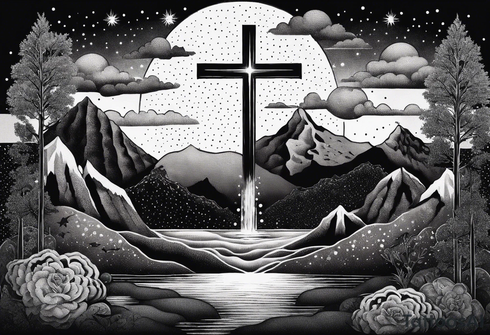 nature with mountains, waterfall, water, and a cross in the background and and moon/sun in the sky with stars tattoo idea