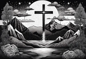 nature with mountains, waterfall, water, and a cross in the background and and moon/sun in the sky with stars tattoo idea