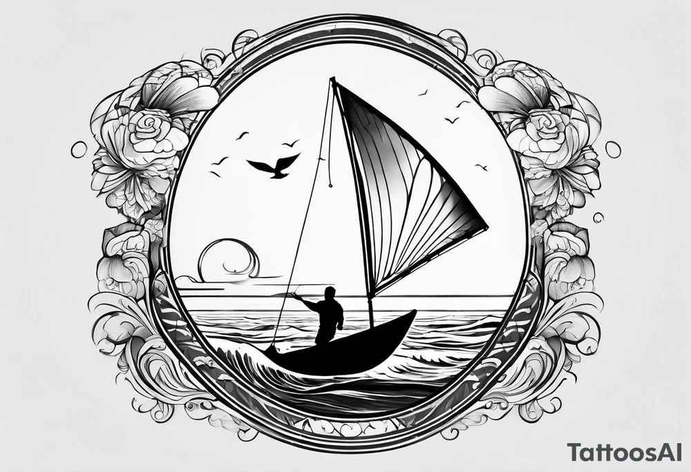 I want a very thin tattoo of a kitesurfer with a heart-shaped sail inflated by the wind. tattoo idea