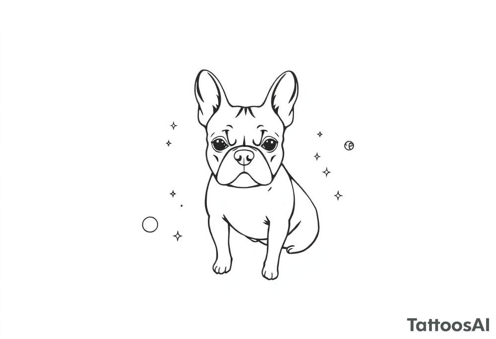 a space themed tattoo of my french bulldog mars. include space elements such as planets and stars tattoo idea