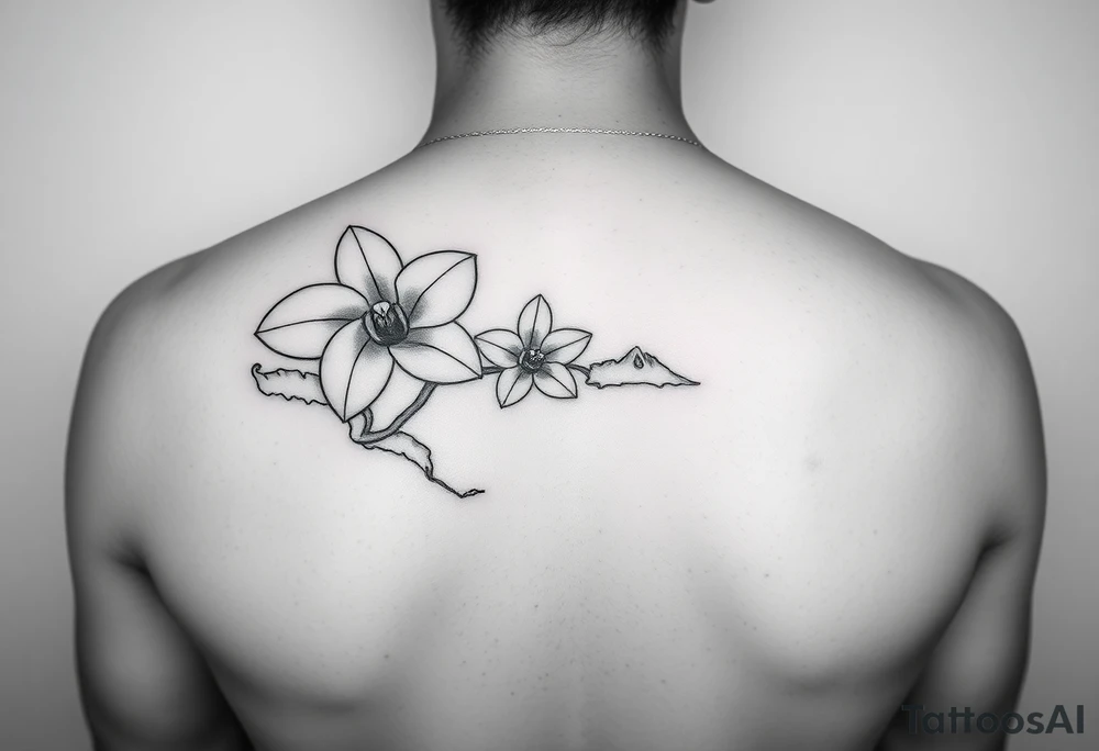 Line tattoo that uses the Venezuelan coastline as the stem of an orchid flower tattoo idea