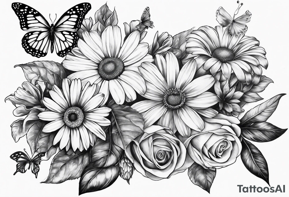tattoo to represent that I have 3 children (girls). For inspiration I like flowers, the beach. Tattoo is for ribcage down side of body. I don't want images of women or girls in it. I want it pretty. To include daisy flowers and roses and buterfly tattoo idea