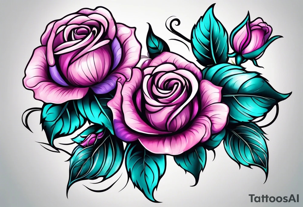 Vertical Pink and purple roses with teal leaves tattoo idea