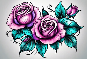 Vertical Pink and purple roses with teal leaves tattoo idea
