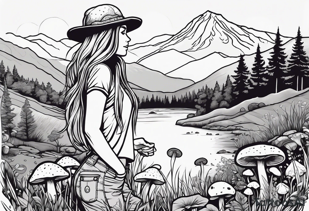 Straight long blonde hair hippie girl in distance holding mushrooms in hand facing away toward mountains and creek surrounded by mushrooms tee shirt and hiking pants tattoo idea