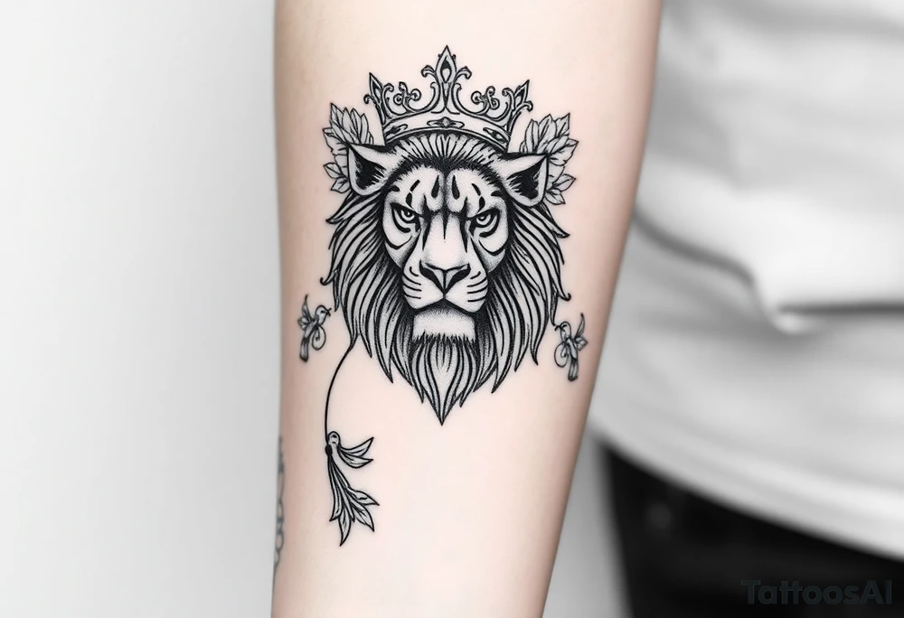 powerful majestic lion with a crown, surrounded by floral ornaments and birds tattoo idea