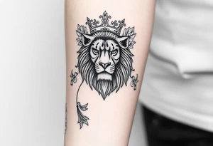 powerful majestic lion with a crown, surrounded by floral ornaments and birds tattoo idea