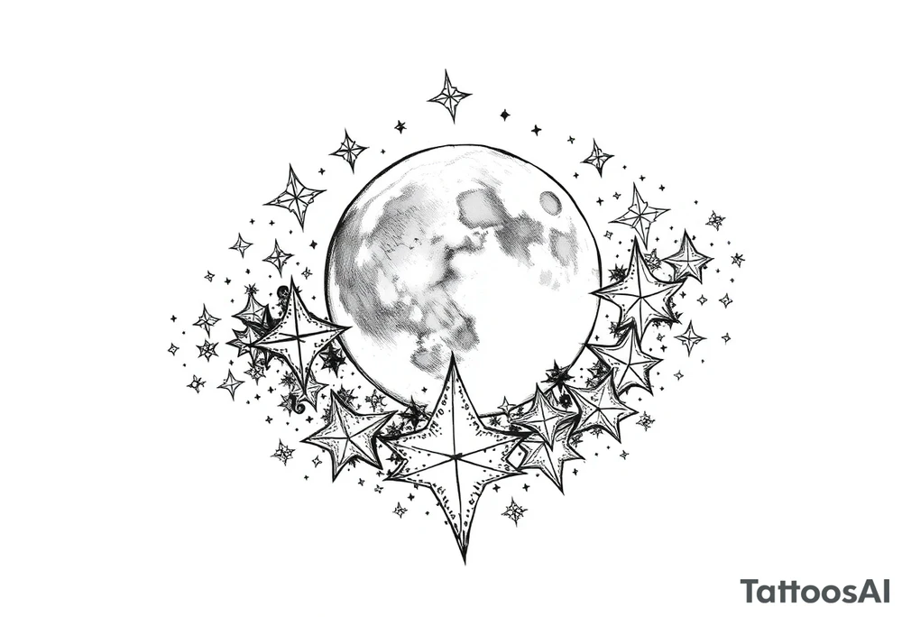 1x10^23 surrounded by cascade of stars and moon tattoo idea