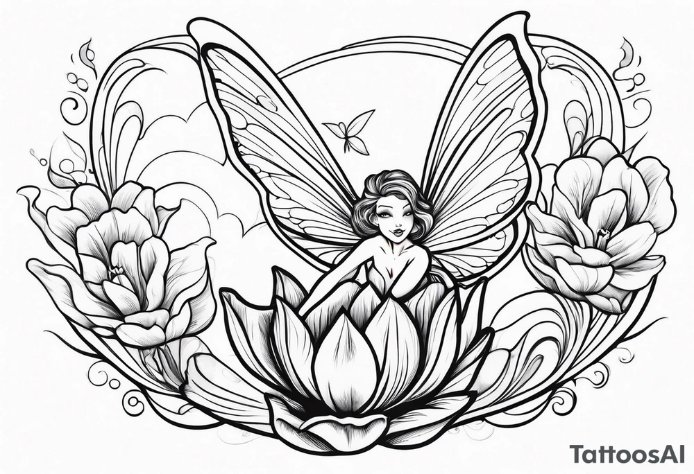 a fairy flying into a tulip tattoo idea