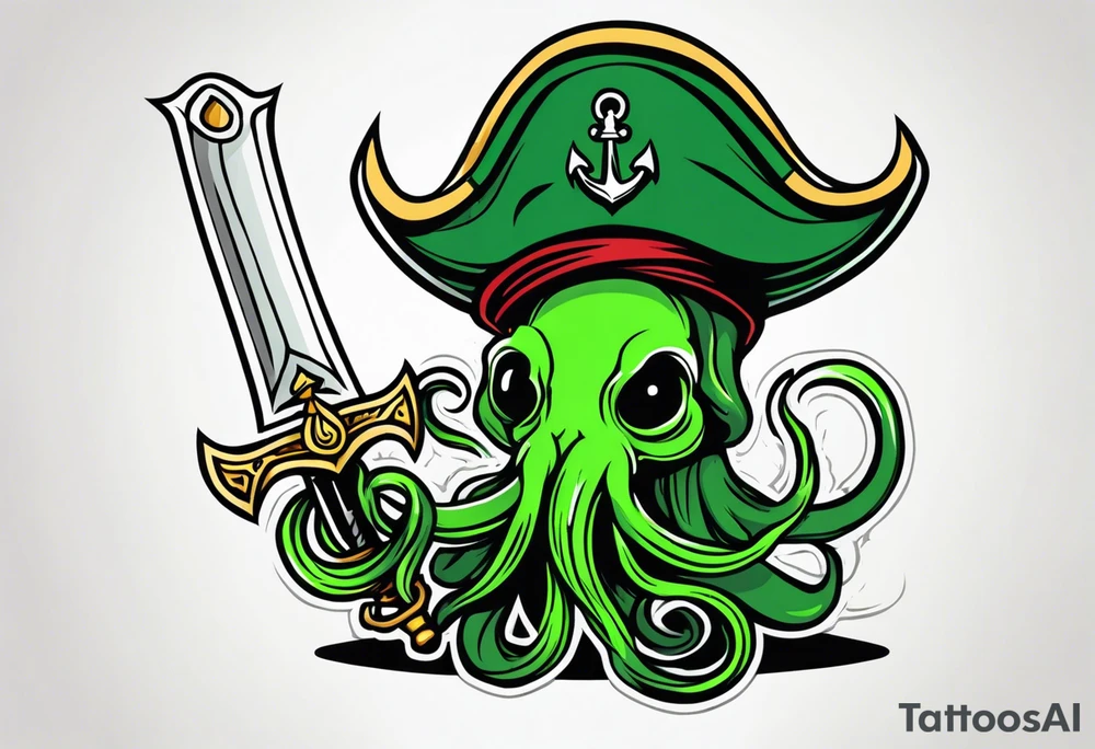 green pirate squid holding sword and anchor tattoo idea