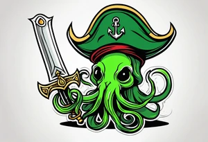 green pirate squid holding sword and anchor tattoo idea