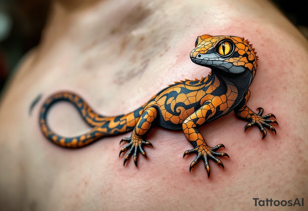 Tribal desert lizard with cracked earth texture – A sleek, agile lizard in motion, designed with tribal curves and sharp angles along its spine. Its skin mimics the pattern of sunbaked, cracked earth, blending tones of burnt orange, dusty brown, and charcoal black. The tail coils elegantly, forming a spiral, while the eyes gleam in golden yellow, symbolizing survival, transformation, and primal instincts. tattoo idea