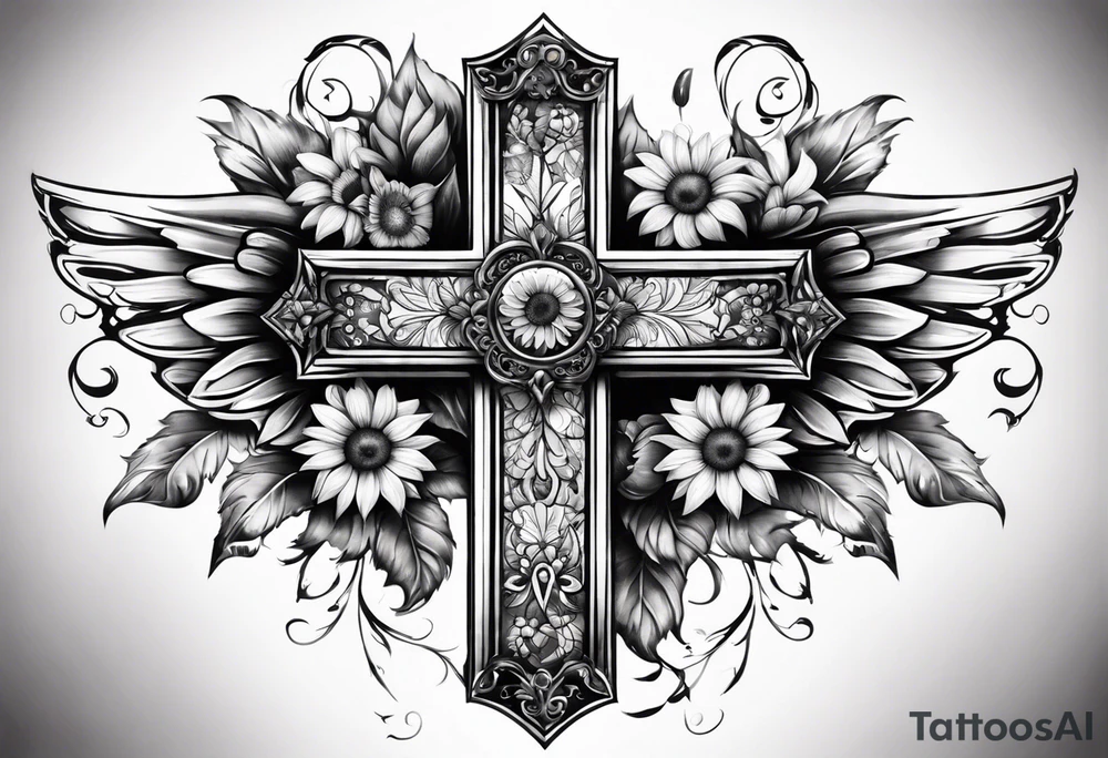 Winged cross with sunflower flowers and butterflies calf sleeve tattoo idea