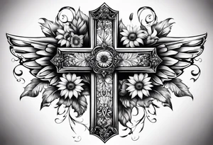 Winged cross with sunflower flowers and butterflies calf sleeve tattoo idea
