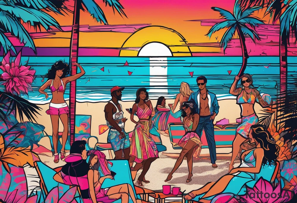 1980's miami vice style beach dance 
party, include confetti, music notes, boom box, bikinis sunset in the center tattoo idea