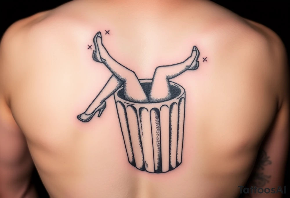 Prostitute hanging out of a trash can 
 dead with high heels and xs where her eyes are tattoo idea