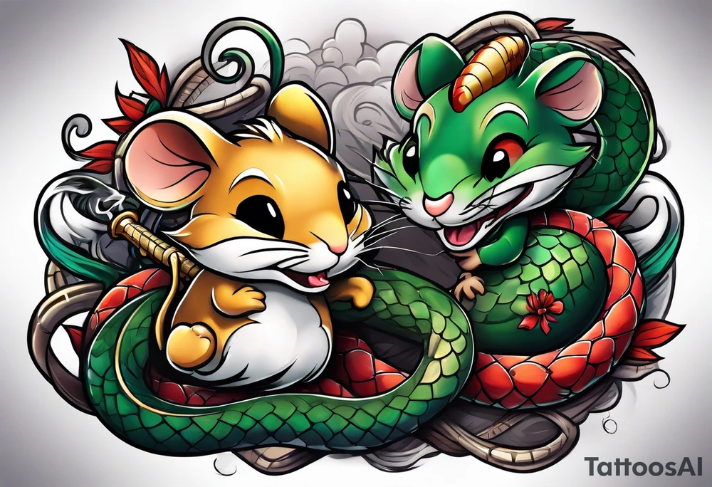 A mouse and snake having fun while sword fighting tattoo idea