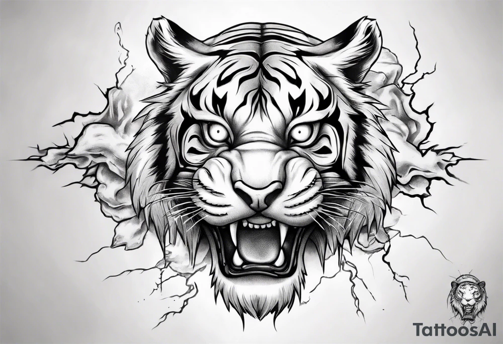 ancient Tiger with lightning and a sun for a forearm sleeve tattoo idea