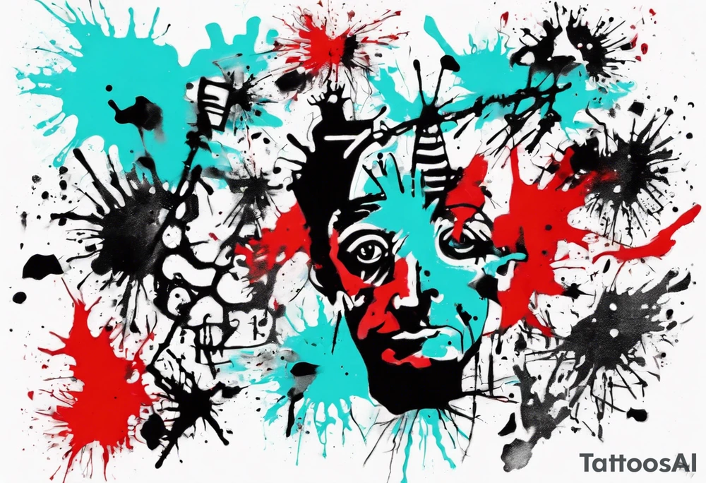 BANKSY ART STYLE,  cyan and red, acquarel, abstract, damage done, Darwin, abstract, tattoo idea