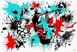 BANKSY ART STYLE,  cyan and red, acquarel, abstract, damage done, Darwin, abstract, tattoo idea