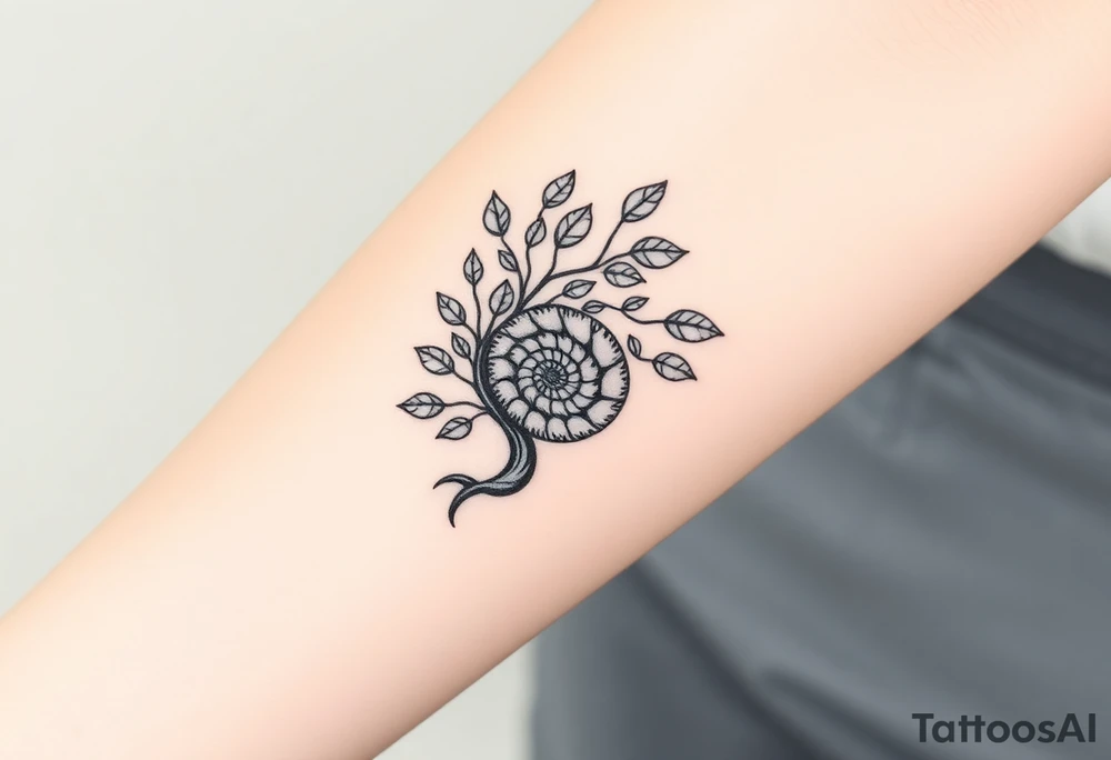 Fibonacci spiral shell inside of tree full of lots of leaves tattoo idea