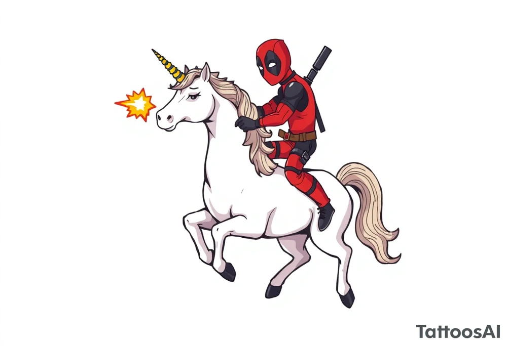 Deadpool riding a unicorn shooting Russian era rocket launcher tattoo idea