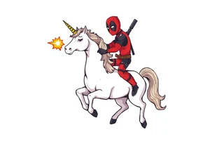 Deadpool riding a unicorn shooting Russian era rocket launcher tattoo idea