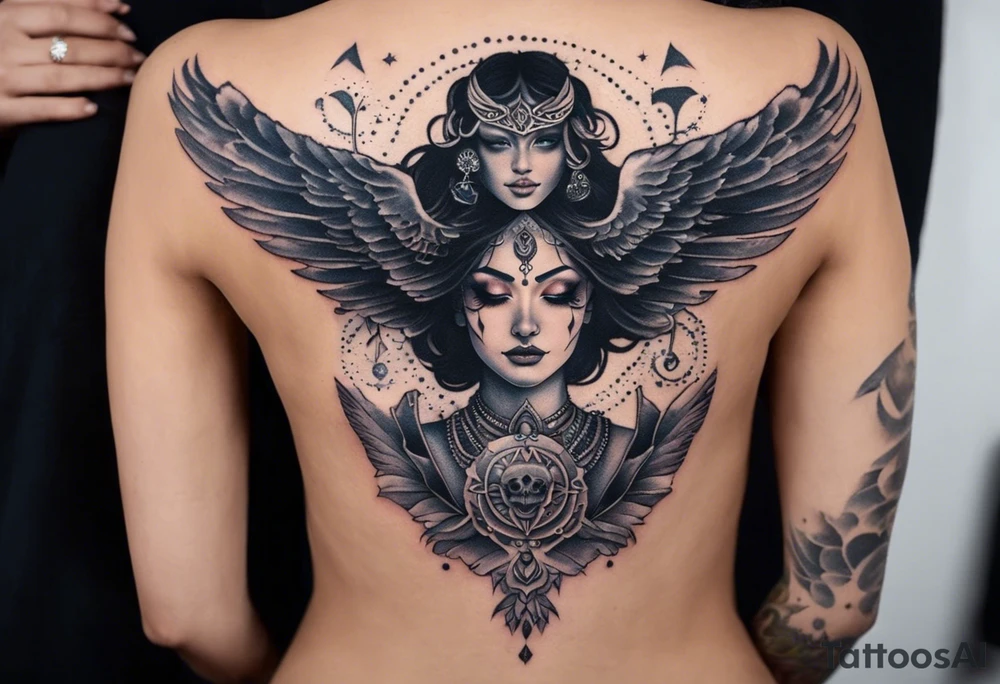 black kali, goddess pirate, alien, angel, pachamama, valkrye, warrior, flying, skull, lotus azul, wing, eagle, zenza resonance, stars, 5D, anahata chakra, death, durga, riding on a tiger, flying lady, chest tatoo tattoo idea