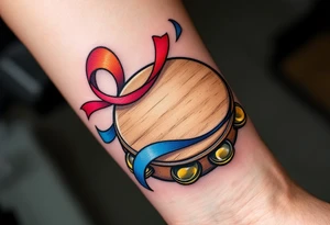 Tambourine and Dance Ribbon – A wooden tambourine in light brown with colorful ribbons (red, blue, yellow) swirling around it, conveying rhythm, joy, and movement. tattoo idea