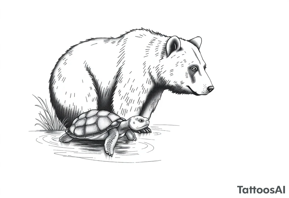 A bear in the Wild with a turtle in a lake tattoo idea