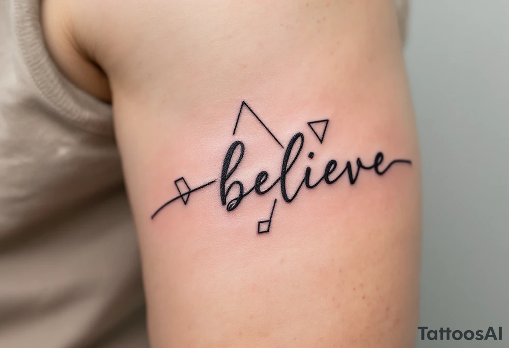 A minimalist "Believe" in black ink, accompanied by geometric shapes in soft gray to represent inner strength and clarity. tattoo idea