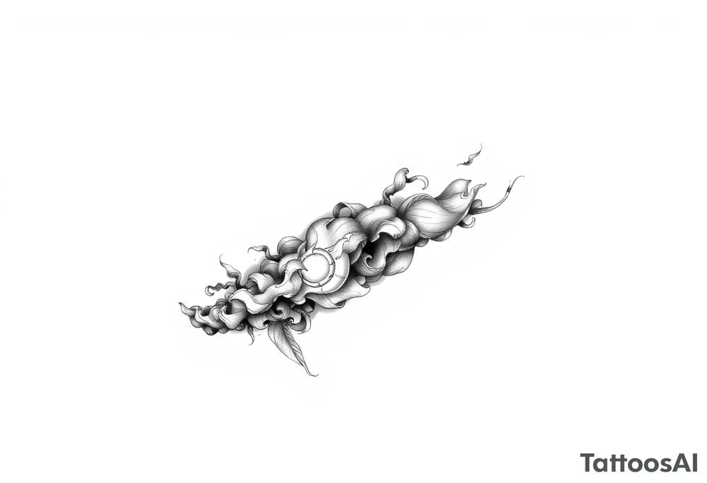 Tattoo sleeve filler using smoke, ash, and fragmented memory effects, organic flow wrapping around arm muscles, soft gradients, negative space, black and grey realism, seamless transitions between main tattoo elements. tattoo idea