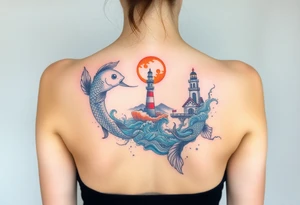 Coi fish , ying yang, light house, landscape, water , sun, moon tattoo idea