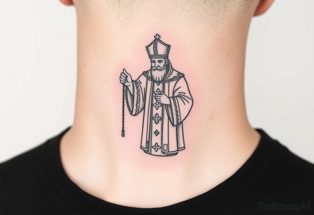 Russian orthodox priest in a detailed vestment swinging censer chains tattoo idea