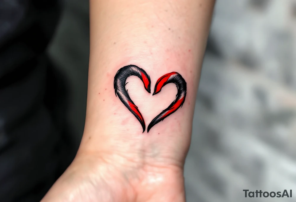 Two half-heart tattoos in black with red tips that form a full heart when partner shoulders are side by side tattoo idea