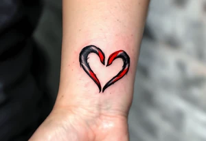 Two half-heart tattoos in black with red tips that form a full heart when partner shoulders are side by side tattoo idea