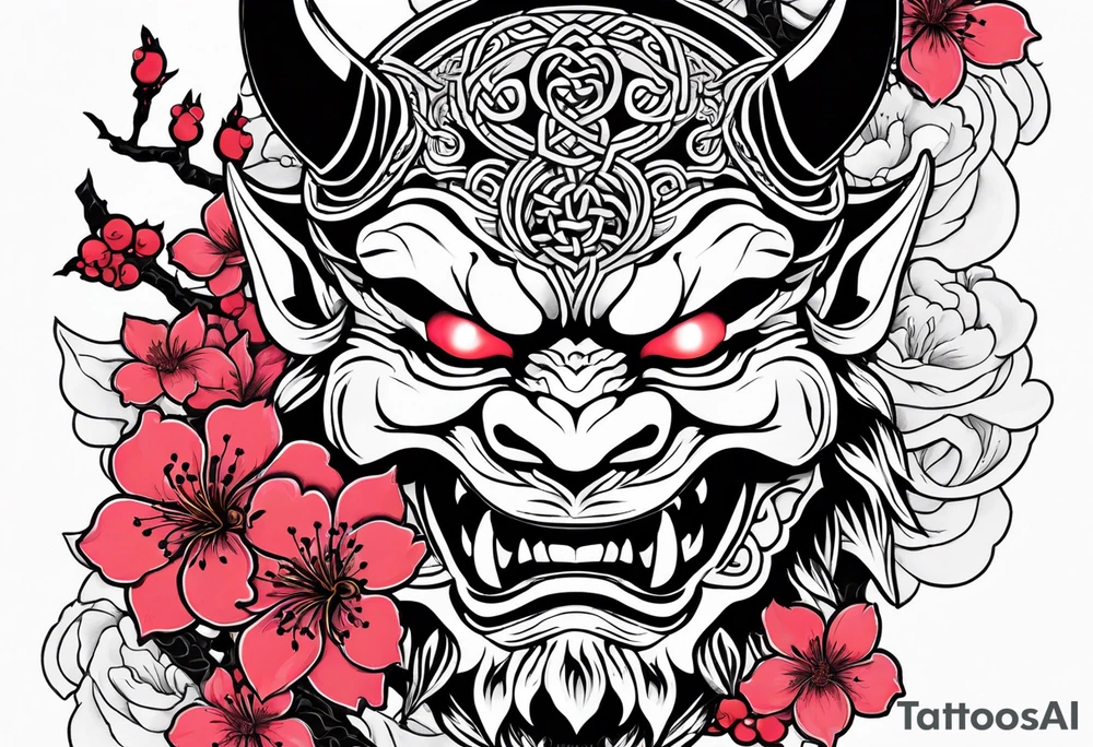 Oni mask with a cherry blossom background in a Celtic style tattoo idea