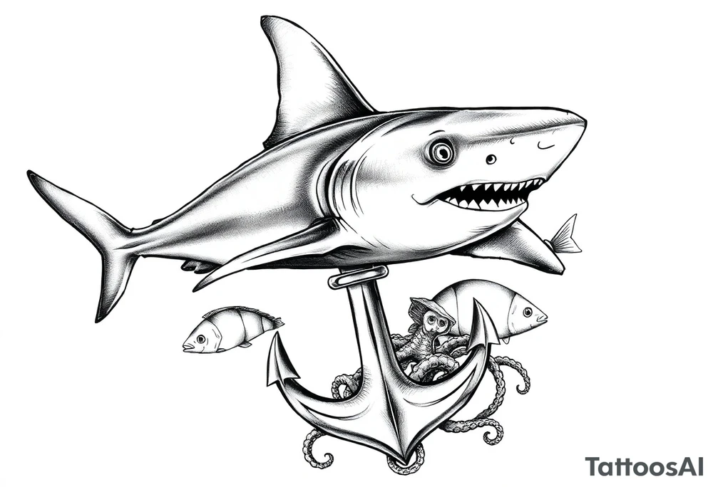 a hammerhead- shark, under it an anchor,fishes,jellyfisches,octopus. tattoo idea