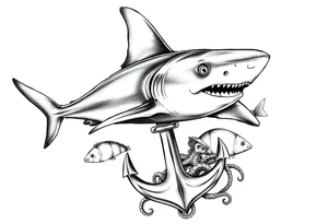 a hammerhead- shark, under it an anchor,fishes,jellyfisches,octopus. tattoo idea