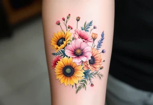 Small watercolour style bunch of wild flowers including lillium orientalis, sunflowers, poppies and peonies to be placed on forearm tattoo idea