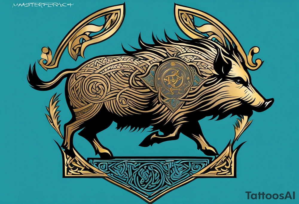 Side profile, Celtic, tribal, wild boar, On a Chatwin family crest with blue background, two gold stars, and a gold Chevron, and a Thistle tattoo idea