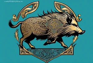 Side profile, Celtic, tribal, wild boar, On a Chatwin family crest with blue background, two gold stars, and a gold Chevron, and a Thistle tattoo idea